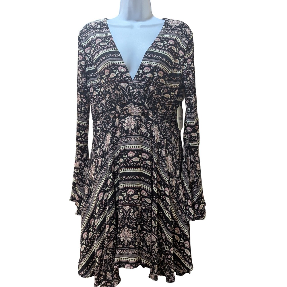 Altar'd State Boho Flounce Bell Sleeve V-Neck Dress Floral Long Bell Sleeves Lrg